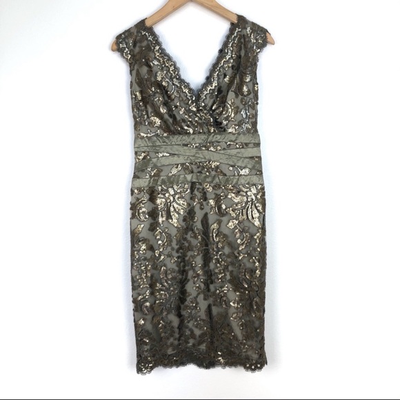 Tadashi Shoji Paillette Lace Dress Smoke Pearl 4 - Picture 3 of 11